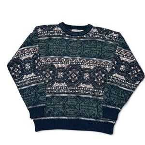 Vintage 90s Method acrylic multicolor abstract geometric sweater green blue L